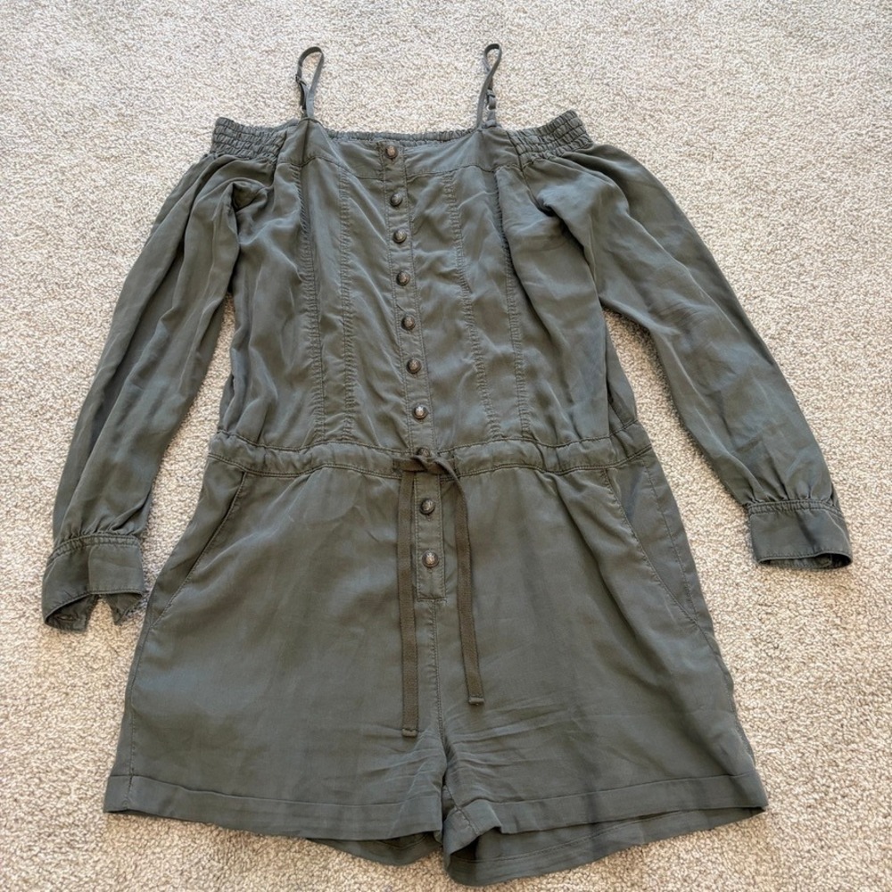 The Kooples Jeans Romper Womens S Green Off Shoulder Long Sleeve Beach Casual